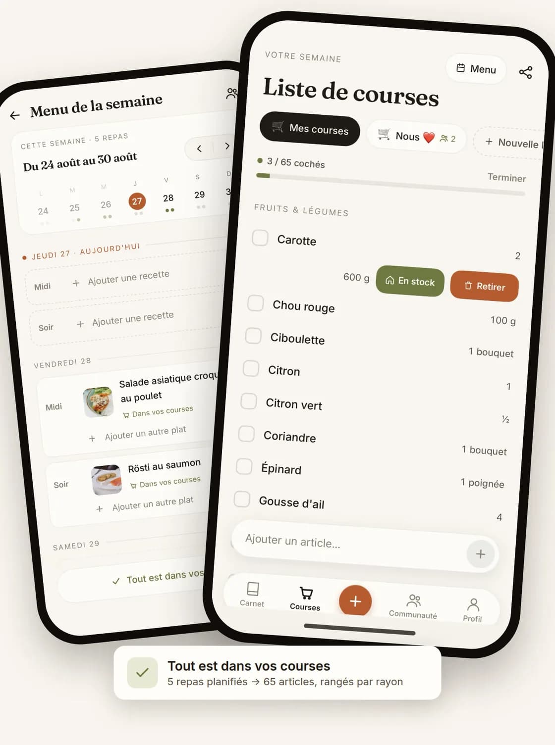 Le menu de la semaine et la liste de courses de RecetteClic, rangée par rayon et partagée à deux.